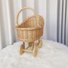 Stroller Shaped Flower Basket Rattan Woven Candy Basket with Handle Portable Decorative Rustic Basket with Wheels for Baby Showers Floral Arrangements