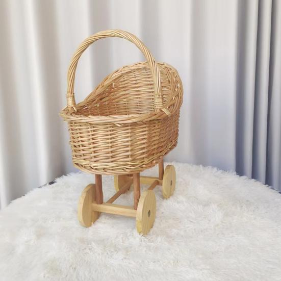 Stroller Shaped Flower Basket Rattan Woven Candy Basket with Handle Portable Decorative Rustic Basket with Wheels for Baby Showers Floral Arrangements