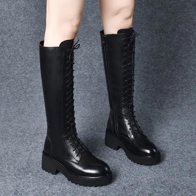Women's Long Boots Round Toe Middle Heel Ladies Knee High Shaft Shoes Platform Comfortable and Elegant Winter 2024 Novelty Trend
