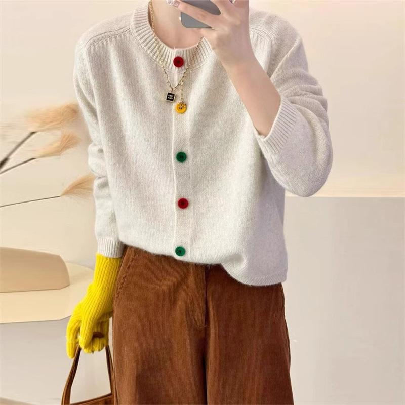 Autumn and Winter Short Sweater for Women Korean Color Button Round Neck Knitted Cardigan for Women