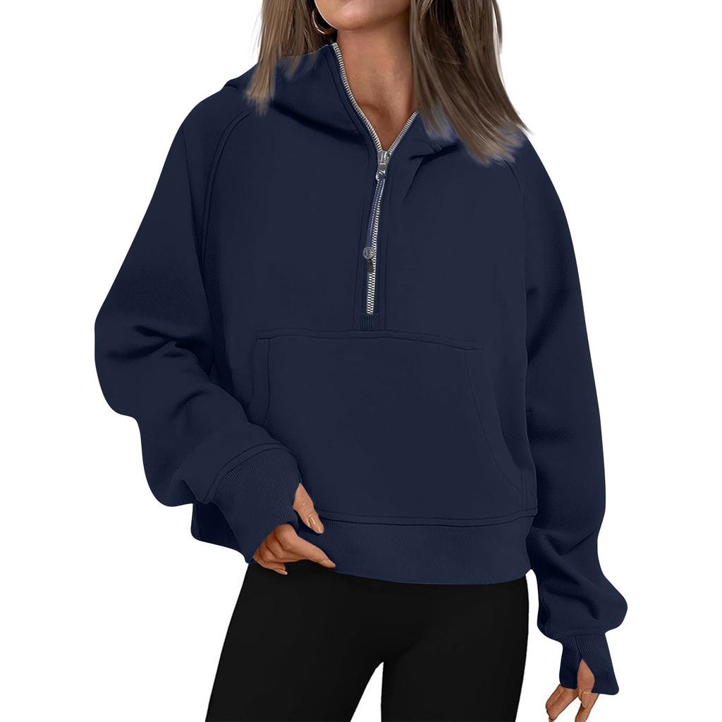 Женские толстовки, однотонные свободные короткие карманы на молнии с отверстием для большого пальца, пуловер с длинными рукавами, толстовки