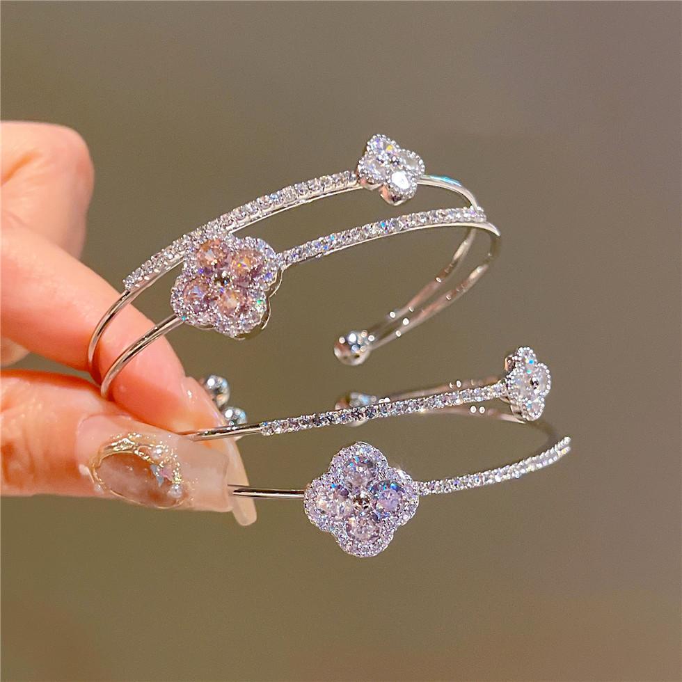 Zirconia Four-Leaf Clover Bracelet Opening Adjustable Senior Bracelet Temperament Fashion Bracelet Simple Light Luxury Women's Bracelet