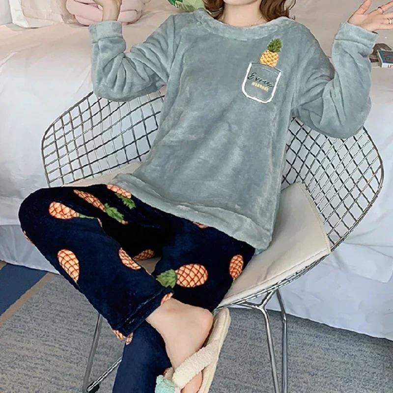 Winter Women Flannel Pajamas Polar Bear Print Teddy Sleepwear Velvet Loungewear Thick Warm Pijamas