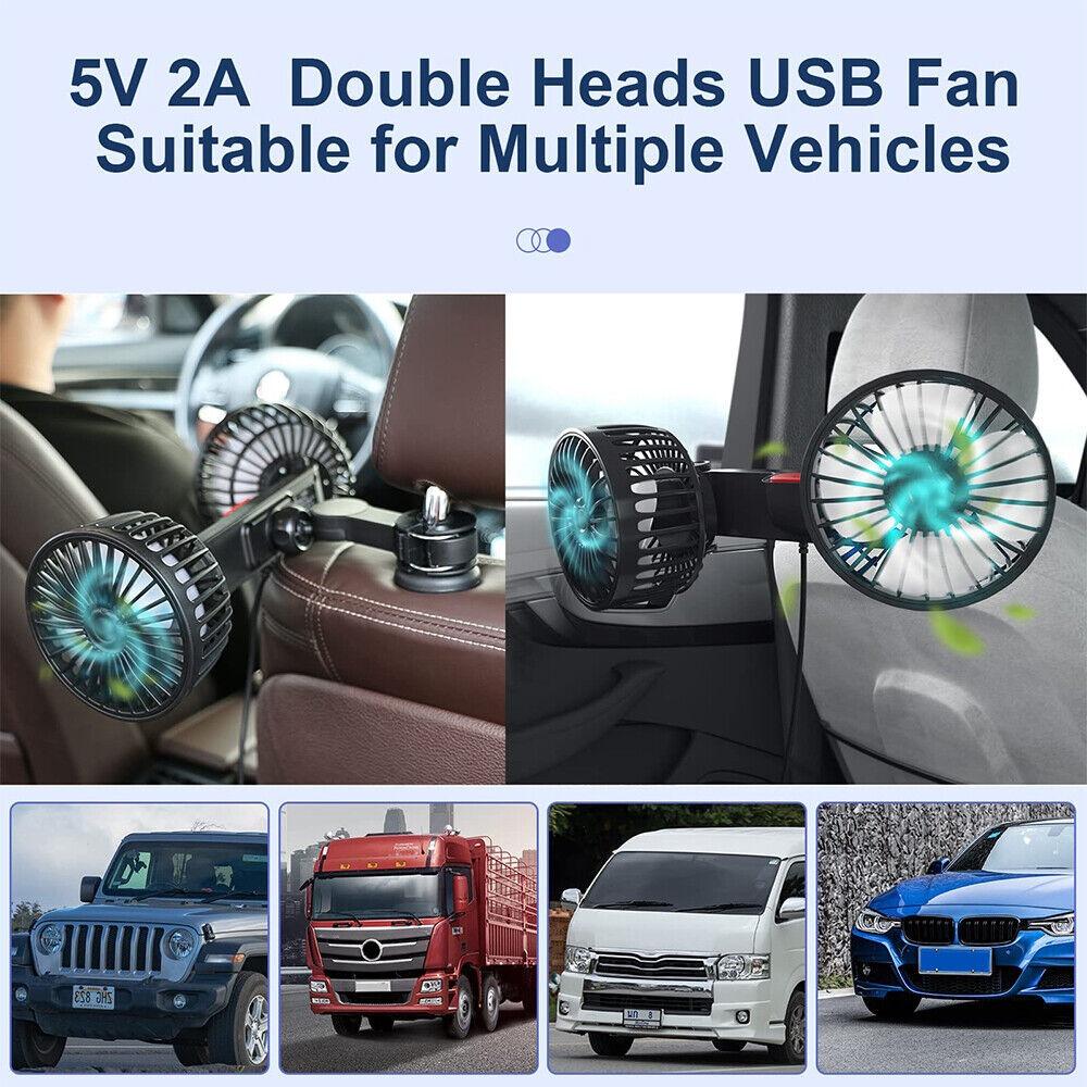 Two-Head 3 Speed 360° Rotation Car Back Rear Seat Fan Car Cooling Fan Air Cooling Fan Headrest Fan