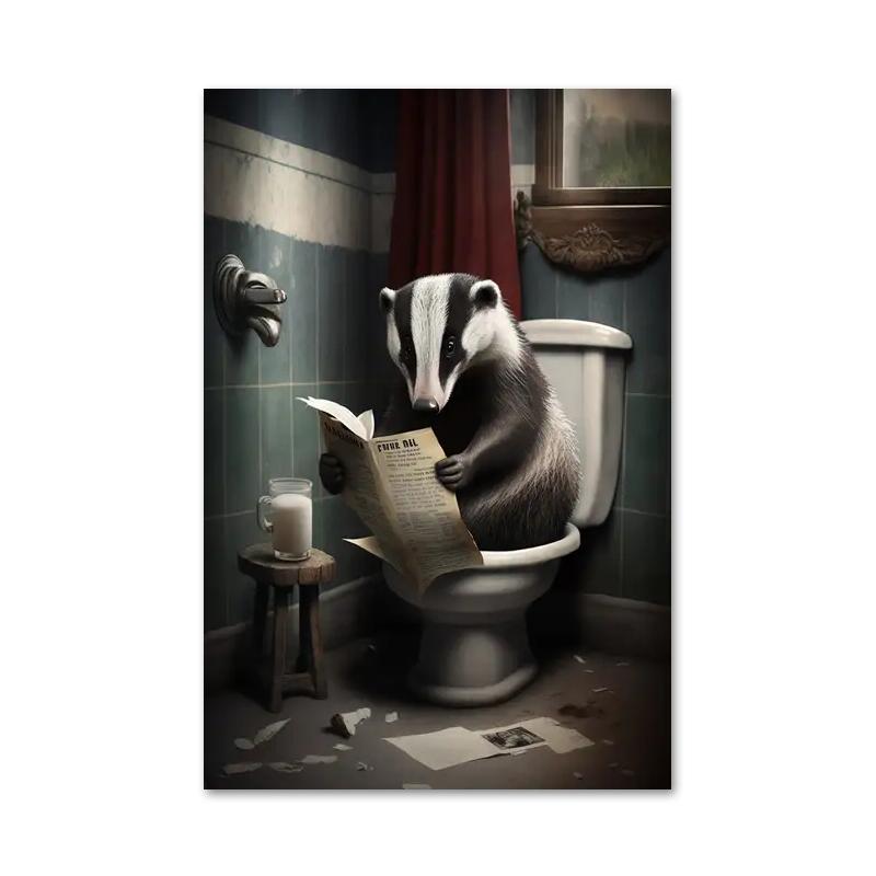 Смешная ванная комната юмористическое животное медведь собака тигр сидит на унитазе читает газету холст картины постеры и принты настенное искусство