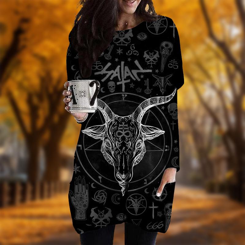 New In Autumn Magic Formation Sheep Head Print Plus Size Dress Women O'neck Long Sleeves Casual Pocket Dresses