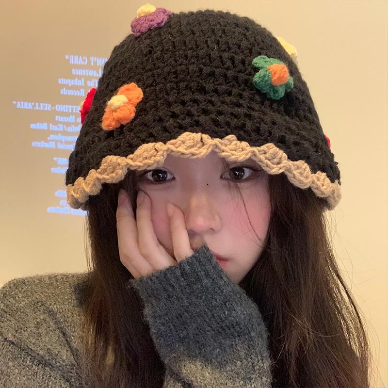 Japanese Sweet Flower Knitted Bucket Hats for Women Autumn and Winter Warm Cute Show Face Small Versatile Retro Basin Caps