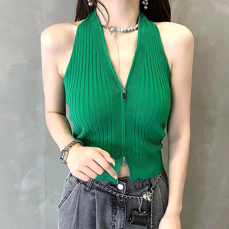 Корейская версия тонкого и универсального жилета на подтяжках для женщин, летний новый трикотажный топ с открытой спиной и застежкой-молнией на шею
