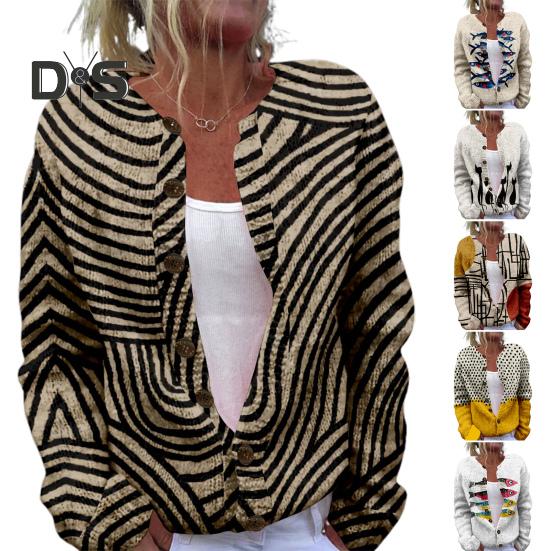 Женский свитер, пальто, круглый вырез, длинный рукав, анималистичный принт, вязаная верхняя одежда, свободный крой, открытый спереди, кардиган