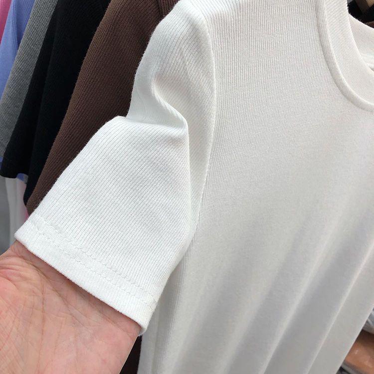 2023 Летняя женская облегающая однотонная футболка с круглым вырезом и коротким рукавом - корейский стиль