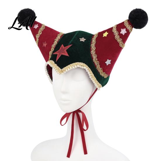 Holiday Photo Booth Decorations Christmas Jester Hat Velvet Star Clown Hat with Gold Trim Pom Decorative Stage Performance Poms Adjustable