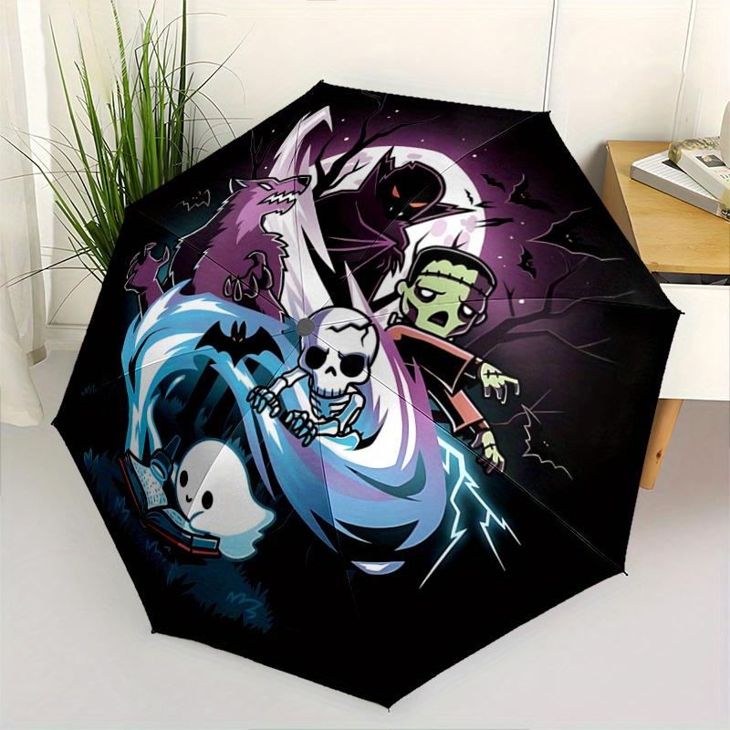 1pc Halloween Horror Friends Automatic Opening Umbrella - Portable 3-Fold Design, 8 Ribs Outdoor Umbrella, Festival Gift for Fans, Travelers, Dai