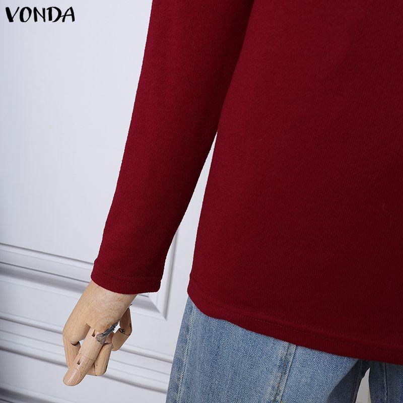 VONDA Женские повседневные топы-блузки с высоким воротником и длинным рукавом, прилегающие, теплые, майки