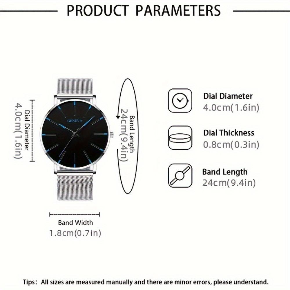 3pcs/set, Fashion Men's Business Casual Mesh Strap Quartz Watch & Bracelet Necklace Set, Ideal Choice for Gifts