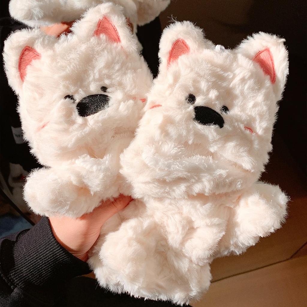 Cute West Highland Plush Flip Fingerless Touch Screen Gloves for Women Winter Warmth Student Writing and Antifreeze New Style