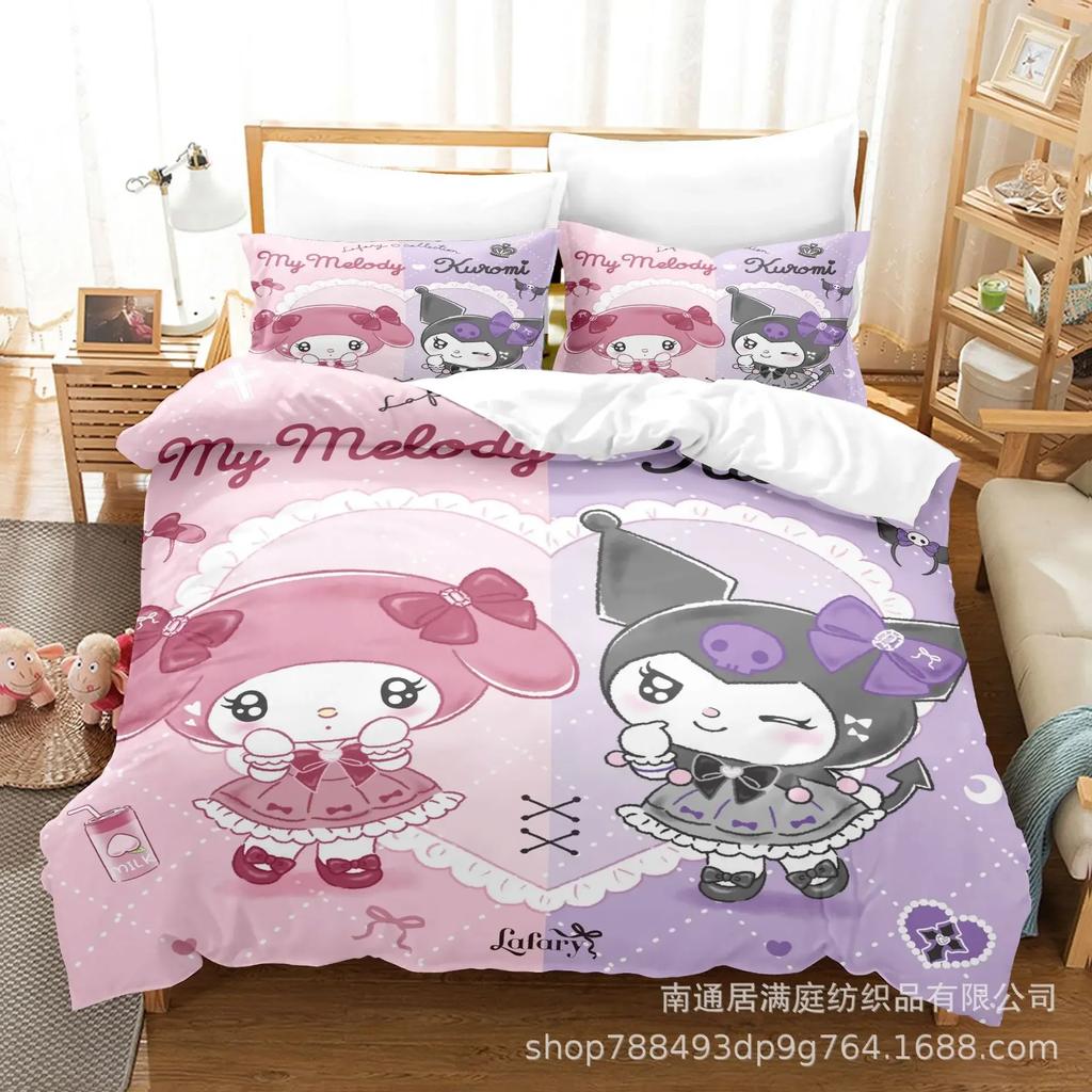 Sanrio Digital Printing HelloKitt Pudding Dog Cartoon Style Quilt Cover Bedding Three-piece Set Two-dimensional Home Furnishing