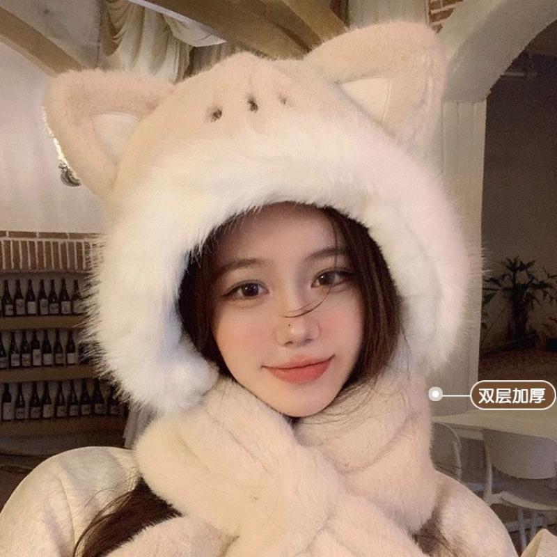 Милая плюшевая шапка с лисьими ушками, женская зимняя шапка-шарф, утолщенная теплая шапка-балаклава