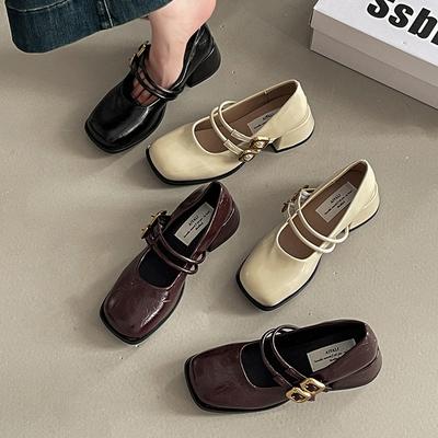 Ретро туфли Мэри Джейн на высоком каблуке с квадратным носком, осенний модный дизайн, нежные и универсальные, с закрытым носком, одинарные туфли на толстом каблуке, маленькие кожаные туфли