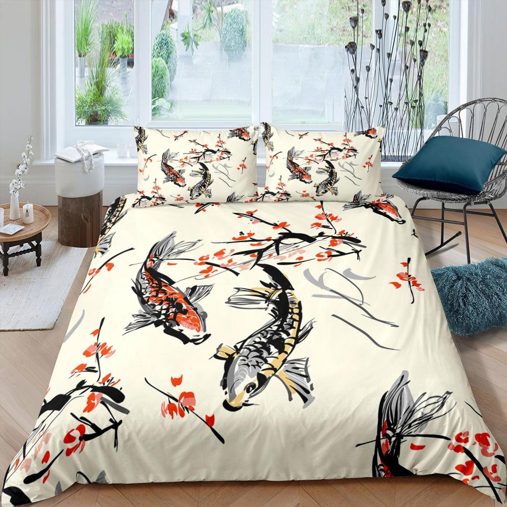 Koi fish oriental bedding, Artistic painting, Japanese duvet cover set for king, queen, full, twin, toddler, Zipper bedding, Aesthetic duvet