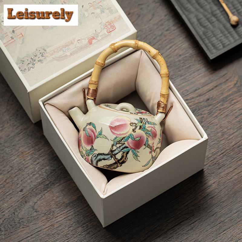 210ml Antique Ru Kiln Teapot Elegant Nine Peach Bamboo Handle Beam Pot Tea Soaking Kettle Chinese Tea Set Supplies Decoration