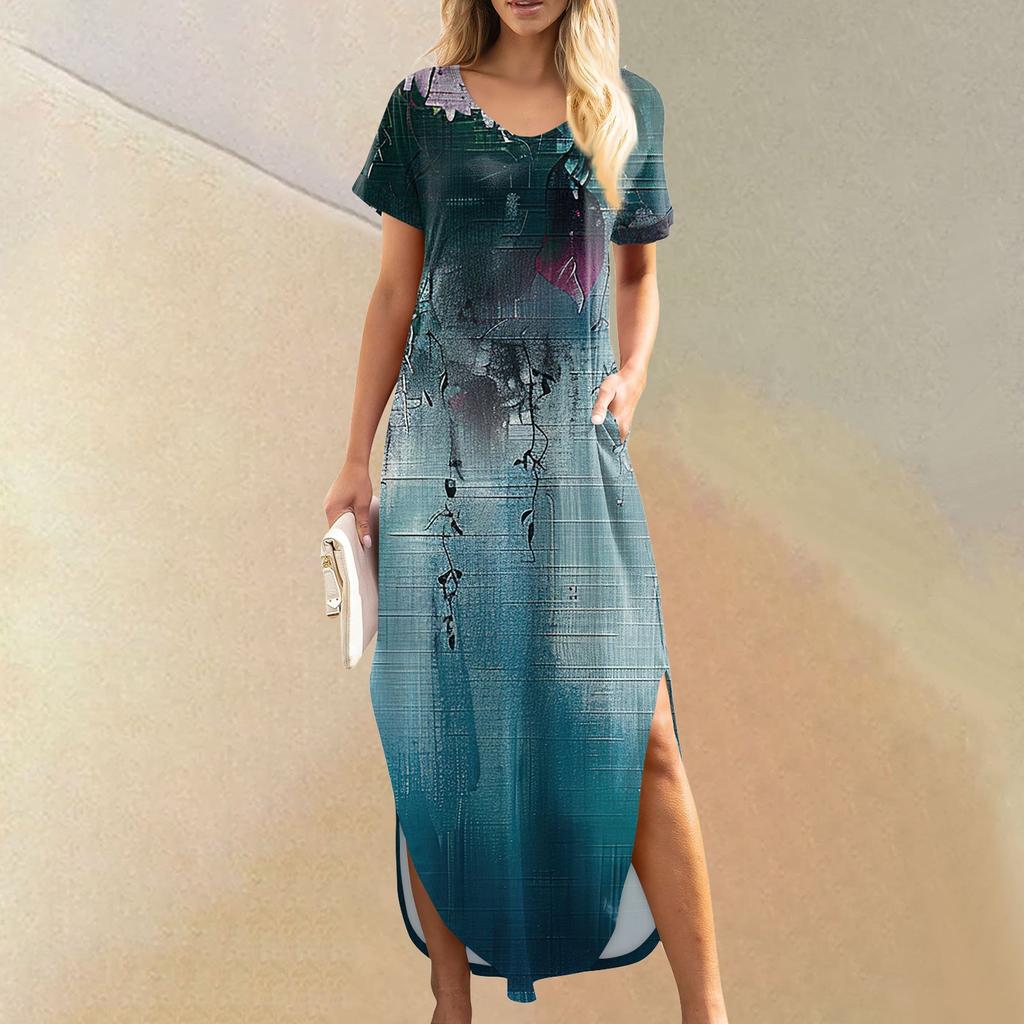 Женские летние повседневные свободные пляжные макси длинные платья с V-образным вырезом и короткими рукавами, модные наряды