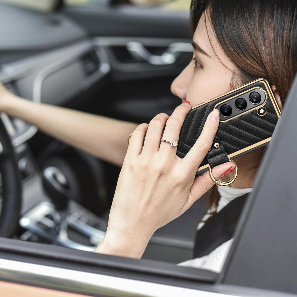 Чехол-книжка из ПУ кожи для Samsung Z Fold7/6/5 с подставкой-кольцом в виде ромбовидной решетки с гальваническим покрытием