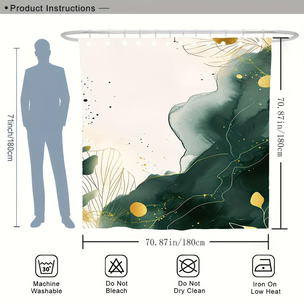 Modern Abstract Leaf Shower Curtain – Green & Golden Design, Machine Washable Polyester with Hooks for All-Season Bathroom Decor