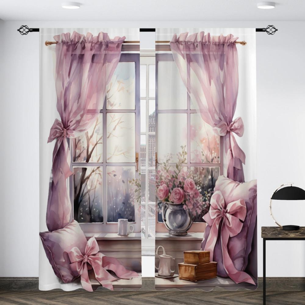 2pcs European Style Retro 3D Printed Translucent Curtains Multi-scene Polyester Rod Pocket Decorative Curtains For Living Room