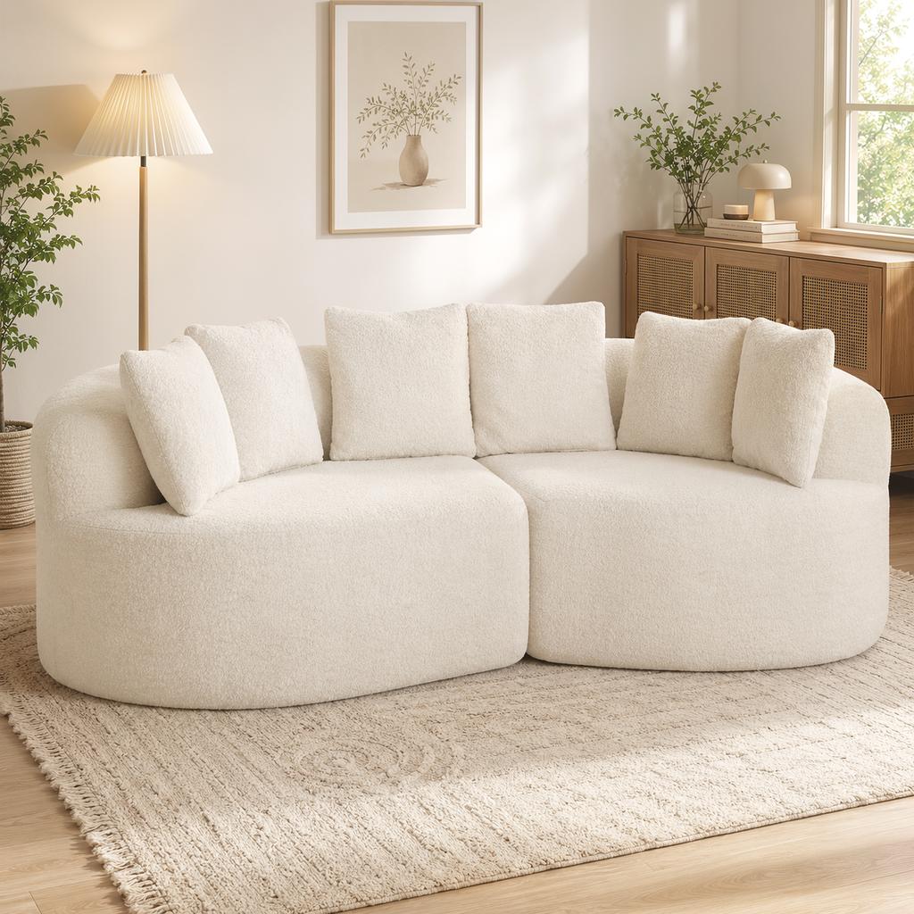 Curved 3-Seater Sofa in Chenille 188 cm, Living Room Sofa with Deep Seat, 6 Cushions, Thick Padding, Cream