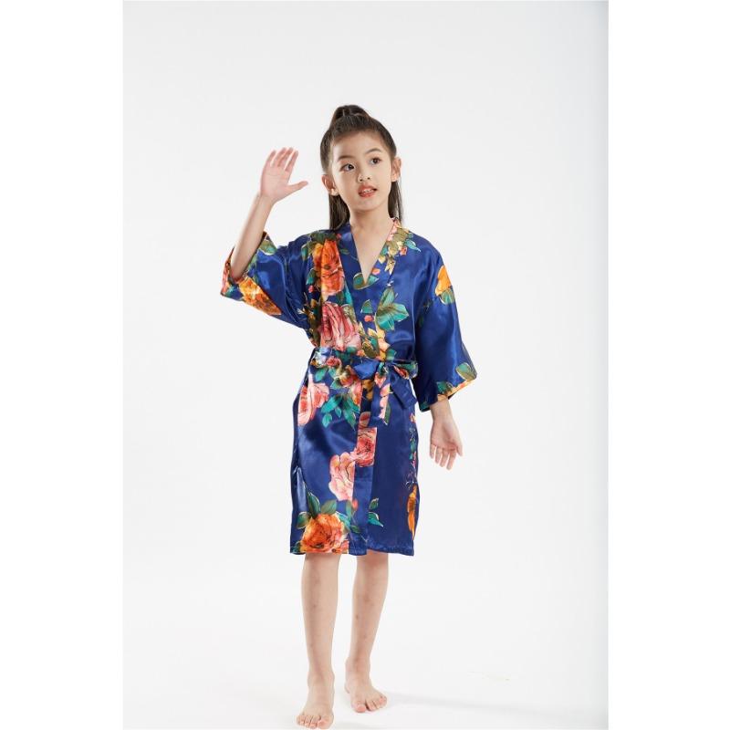 Children's Bathrobe Comfortable and Elegant Temperament Simulation Silk Sleeping Robe Sateen Children's Hand-painted Peony Baby Walking Robe