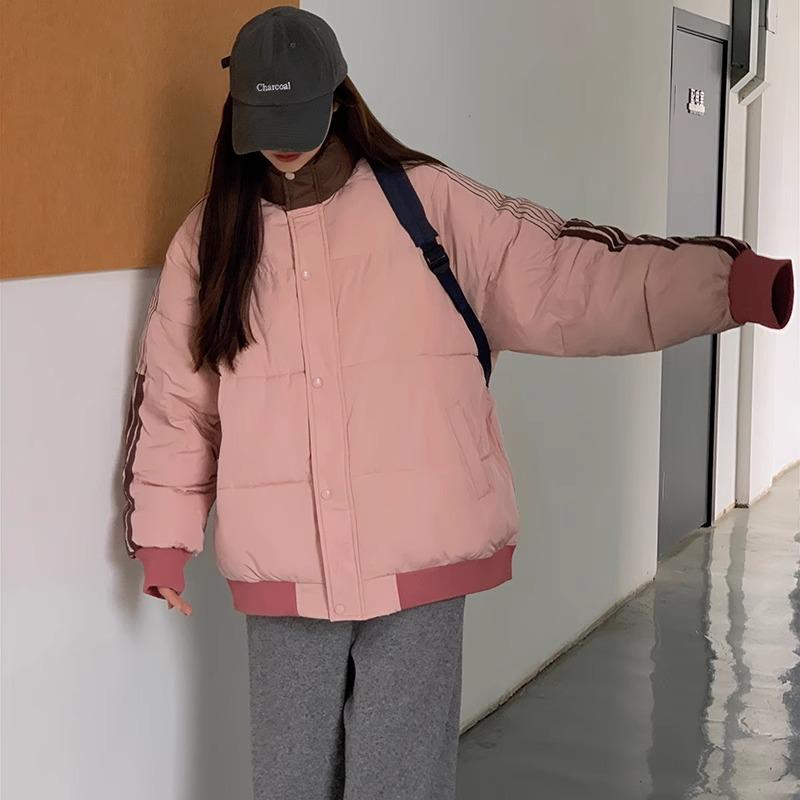 Guochao splicing three-bar cotton clothes, loose and thickened warm in winter, fashionable niche college cotton-padded jacket
