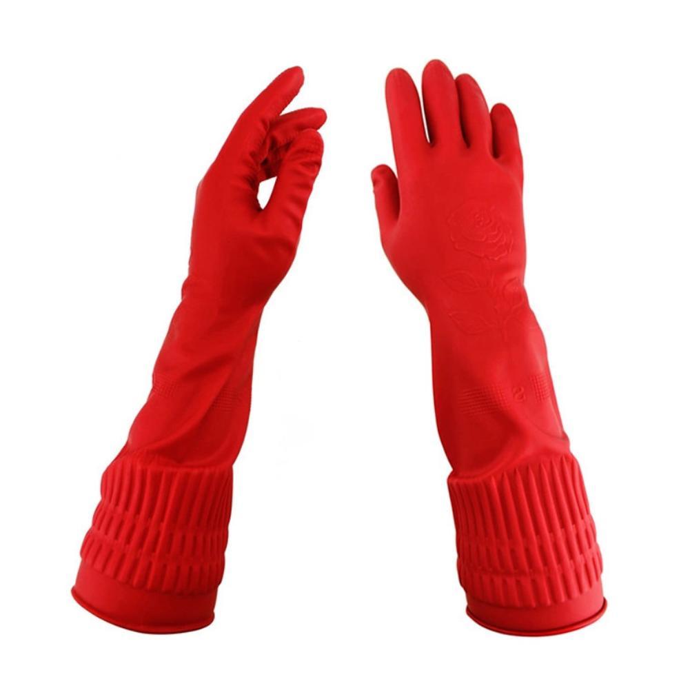 1Pair Red Gloves Washing Dishes Cleaning Waterproof Rubber Sleeve Gloves Latex Long Gloves Kitchen Tool Hands Protection