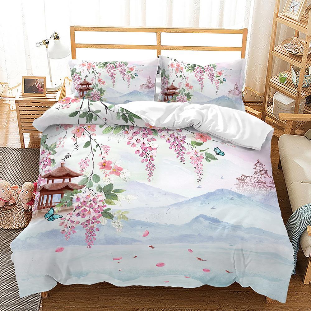 3D Landscape Pattern Quilt and Pillowcase 2/3 Pieces of Ink Painting Style Bedding AU180 * 210 Soft Home Decoration for Women's Rooms