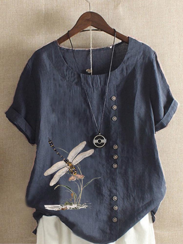 Летняя повседневная свободная футболка с принтом стрекозы в стиле ретро, женский топ из хлопка и льна с круглым вырезом размера плюс, XS-5XL