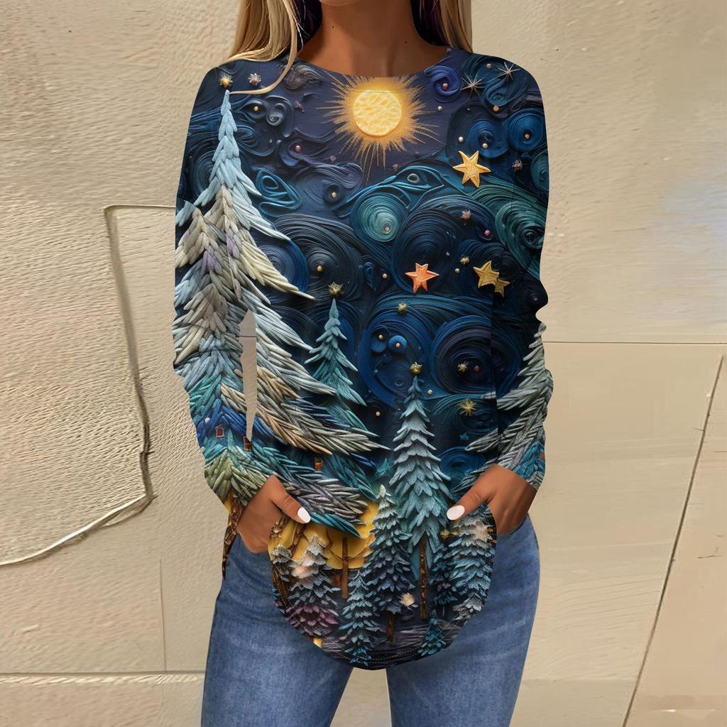Женская свободная футболка с круглым вырезом и длинными рукавами с принтом в стиле ретро, пуловер на Рождество