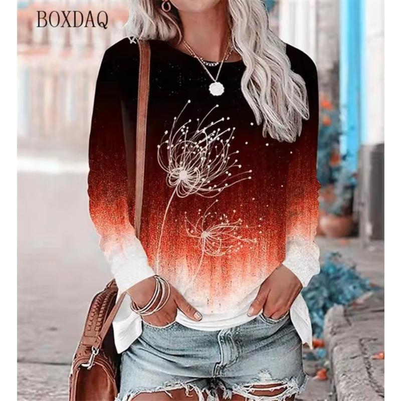 Футболки женские с рисунком одуванчика весна осень с длинным рукавом 3D Plant&Flowers Print Street Gradient женские футболки 5XL Plus Size Top