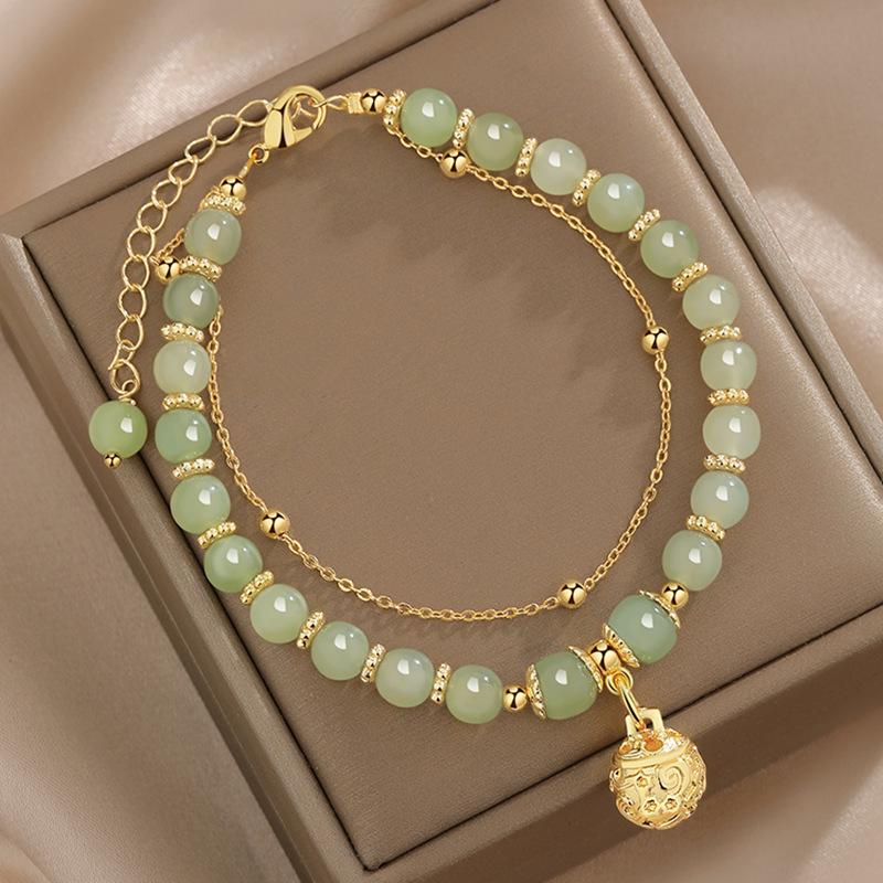 High-End Natural Hetian Jade Wind Chime Bracelet for Women - Lucky Bead Palace Bell Design