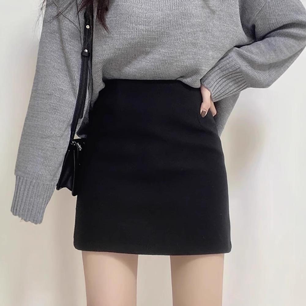 Женская черная шерстяная юбка миди - Высокая талия, облегающая А-силуэта для осени/зимы 2025