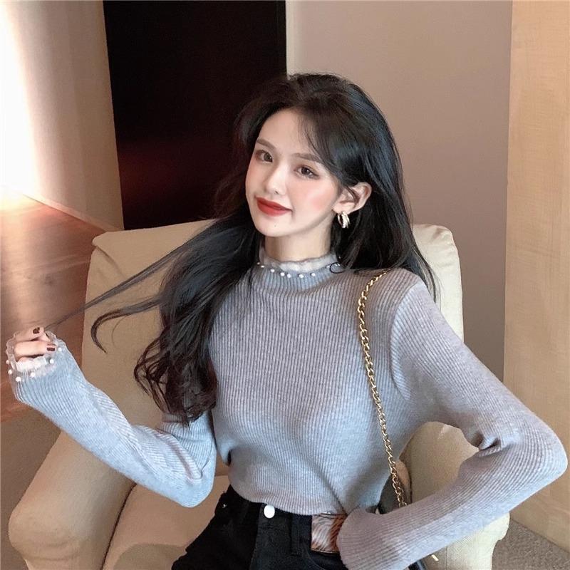 Autumn Slim Fit Design with Lace Patchwork Top Pearl Semi High Neck Base Knitted Sweater for Women's Wear
