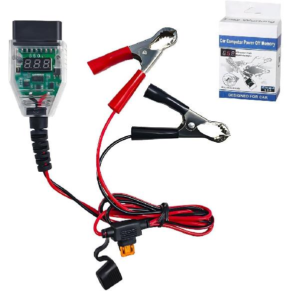 OBD2 Car Memory Saver Protection Connector, 12V Vehicle ECU Emergency Power Supply Cable with 2 Alligator Clips, OBD II Digital Display Automotive