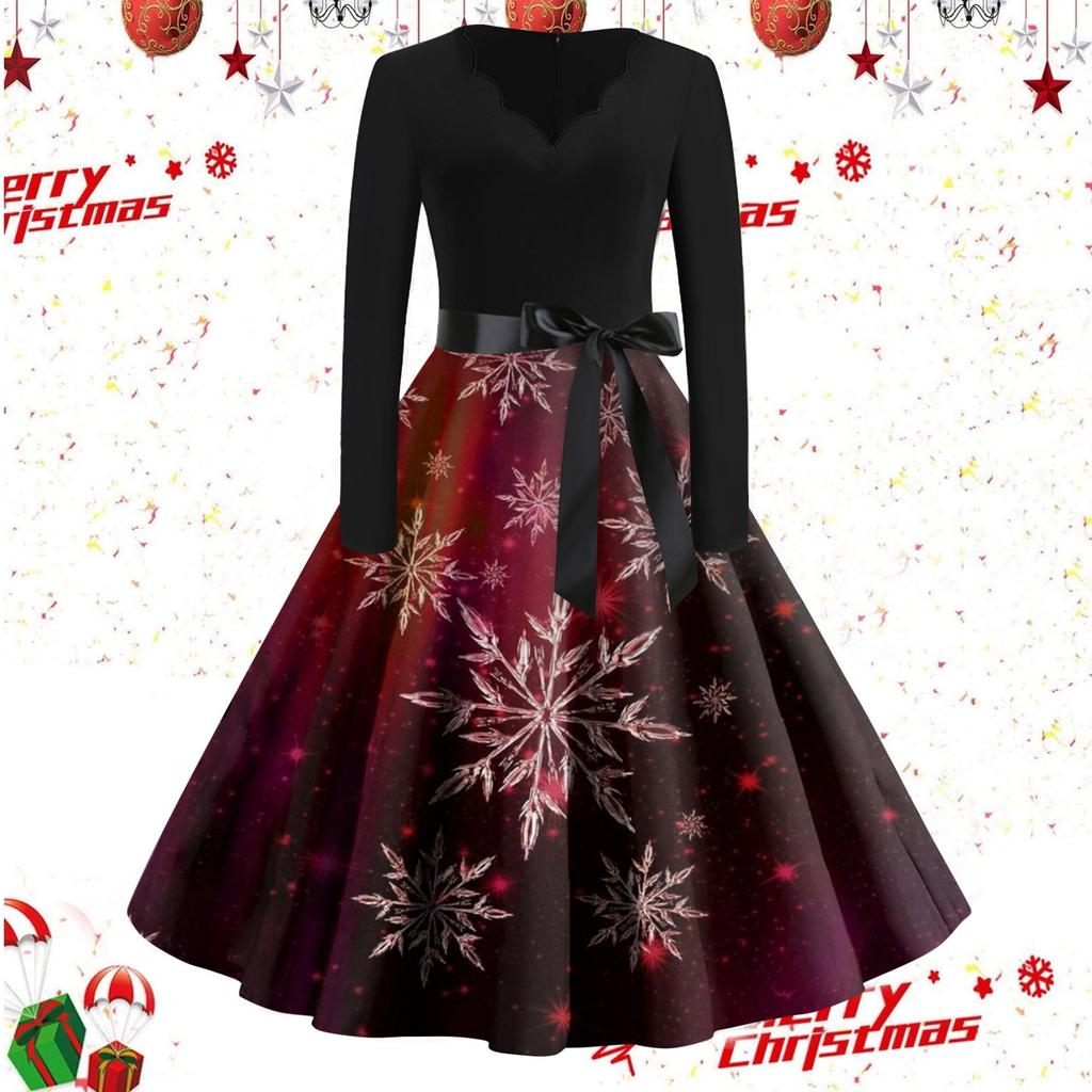 Женские повседневные модные винтажные длинные платья с длинным рукавом с рождественским принтом