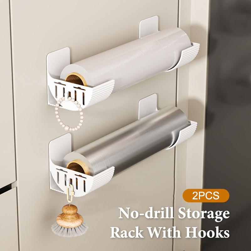 2Pcs No-Drill Kitchen Storage Rack Set, Multi-Functional Fresh Film Garbage Bag Organizer for Cabinet Refrigerator Side