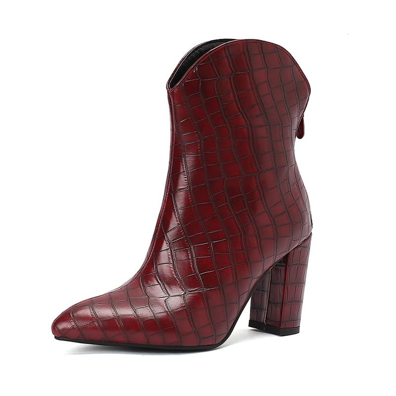 Women's High-heeled Short Boots Autumn and Winter New Solid Color Crocodile Pattern Thick Heel Large Size Pointed Short Boots