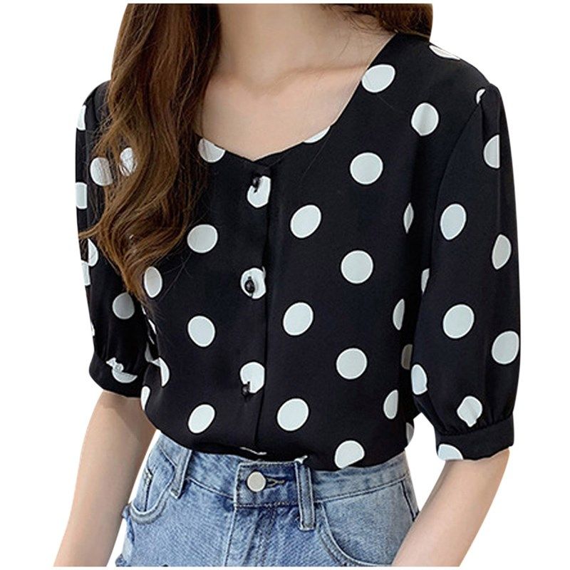 Blouse Women's Fashion Casual Short Sleeve Polka Dot O-n