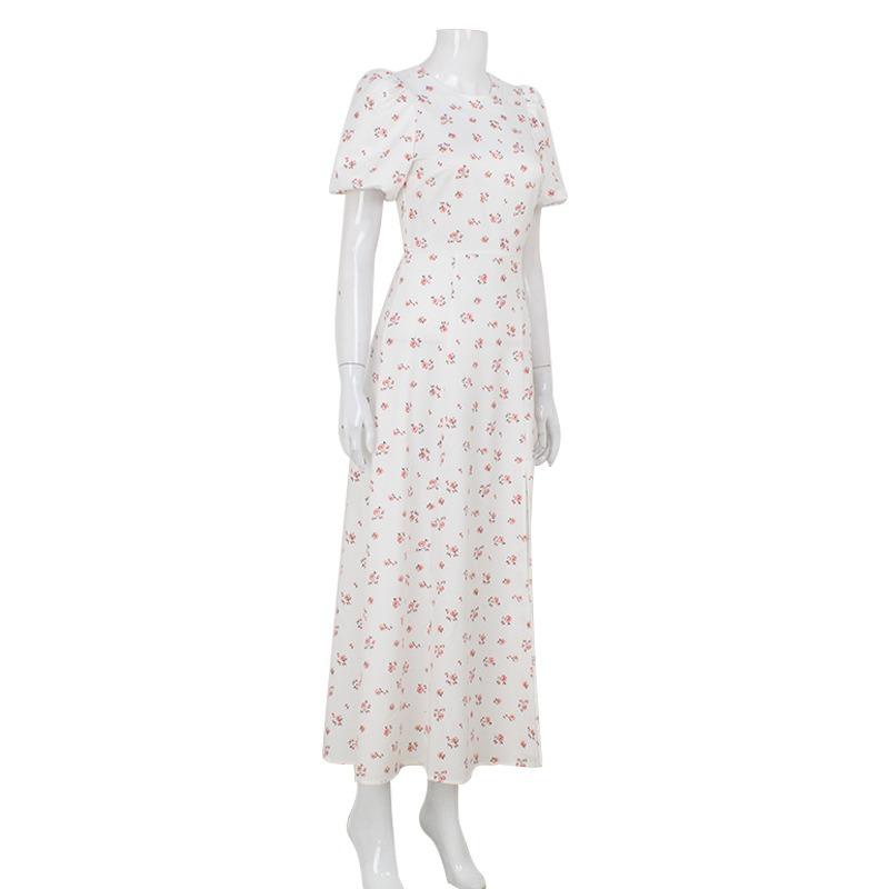 Women's Summer Fashion Floral Print Dress French Crew-neck Puffed Sleeve Split Dress