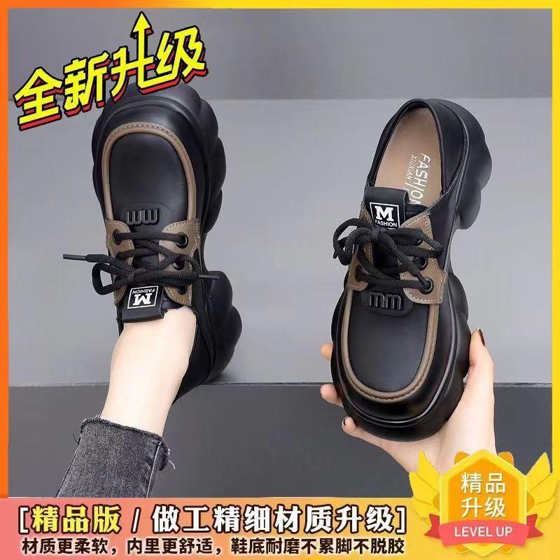 Универсальные туфли из кожи на толстой подошве, женская обувь, весна 2025, новые туфли-муффины с мягкой подошвой, круглой головкой, на шнуровке, увеличивающие рост, одинарные туфли