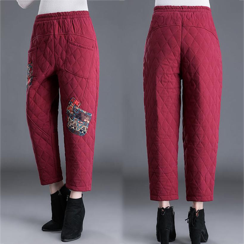 Брюки женские зимние повседневные карманные пэчворк мешковатые теплые штаны эластичный пояс снежные панталоны