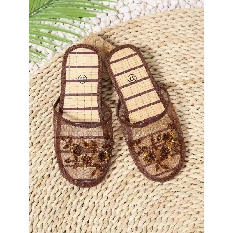 Вышитые бисером тапочки из шелковой сетки для дома и помещений, легкие, удобные и ретро-тапочки женские