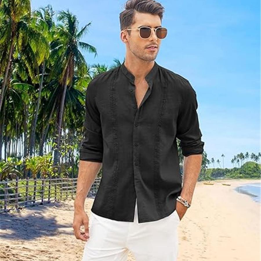 Cotton Linen Shirt Stand Up Collar Men's Shirt Casual Buttons Summer Beach Vacation Tops Grey Black White Khaki Shirts