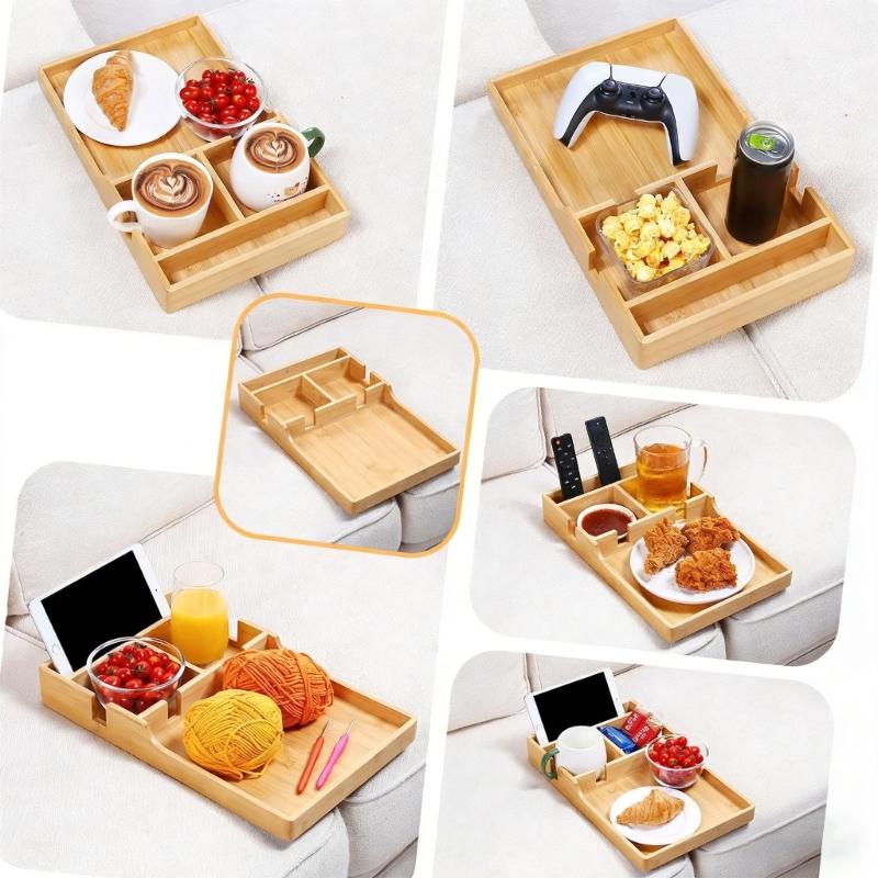 Natural Wooden Food Serving Tray Designed for Sofa Seam Organization and Easy Transportation for Family Gatherings